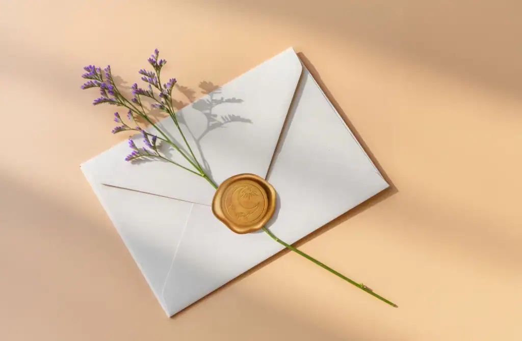 letter with wax seal and flowers on a peach background