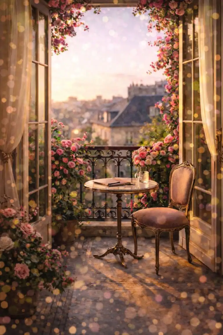 Charming balcony adorned with flowers as a scene from a romance novel.