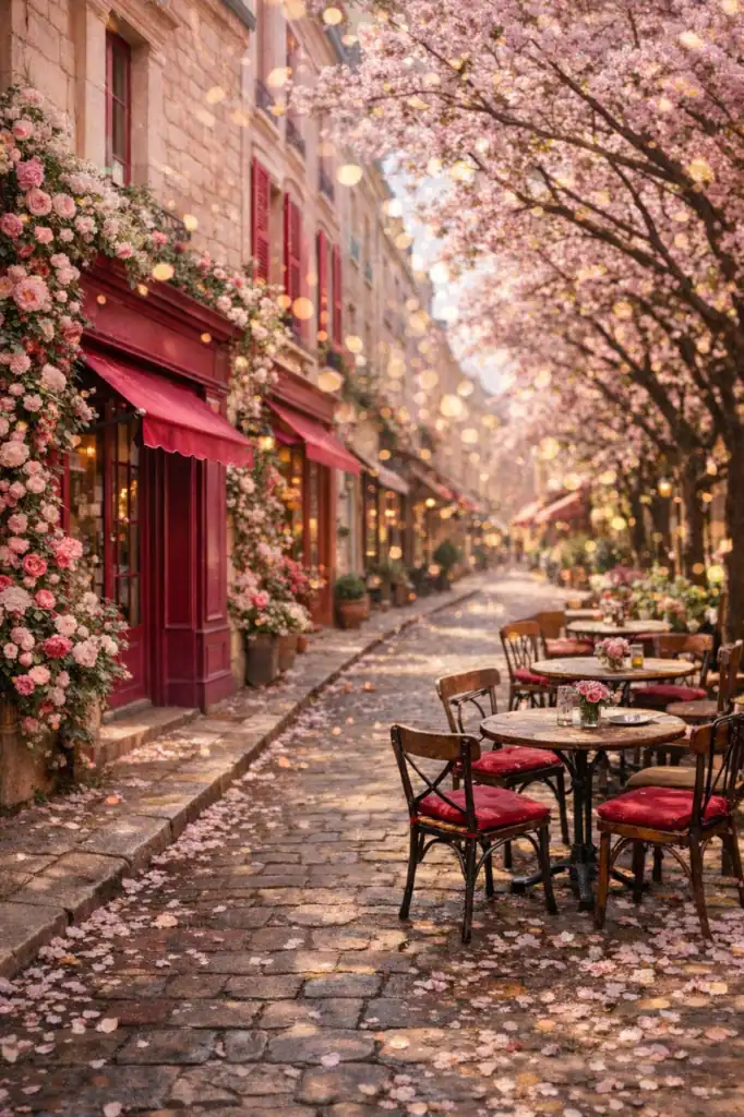Charming street lined with blooming flowers from romance novel of the Pink City.