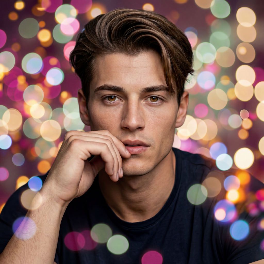 touch her and die modern romantasy hero depicted in sparking urban romantasy bokeh background.