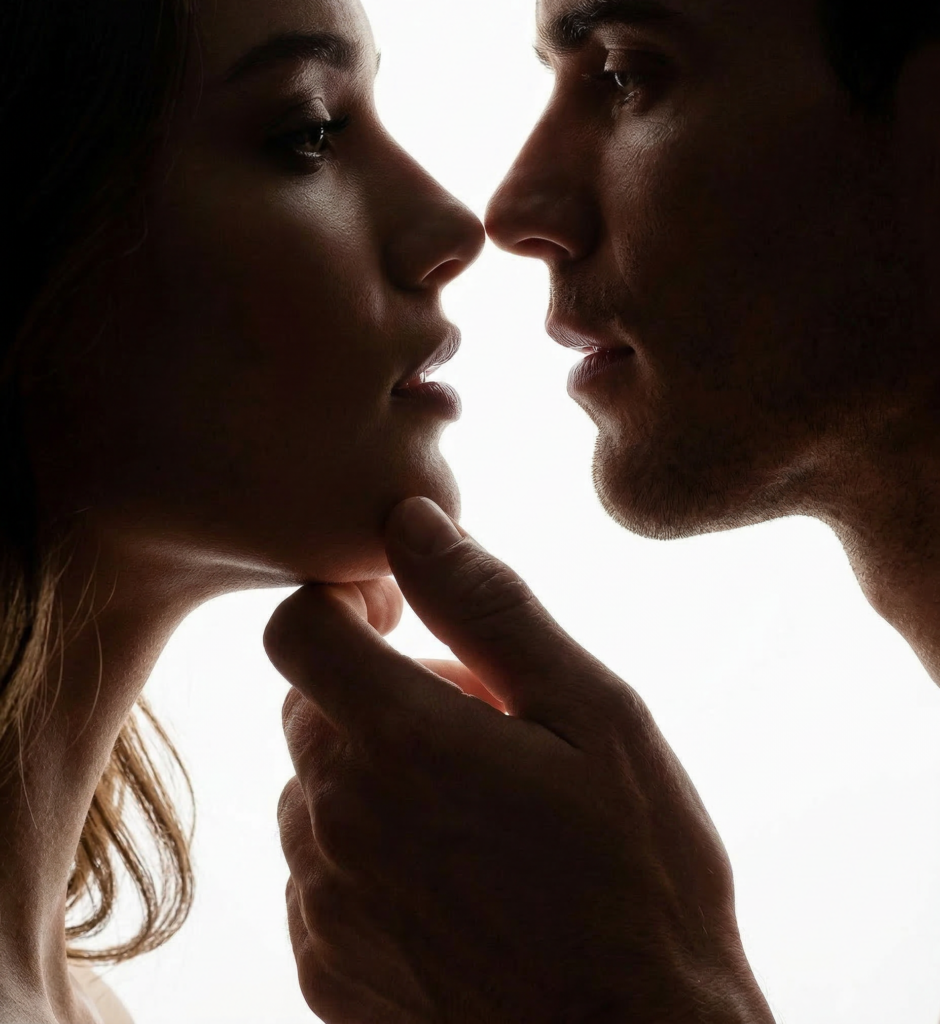 A man caressing a woman's jaw as they are about to kiss.