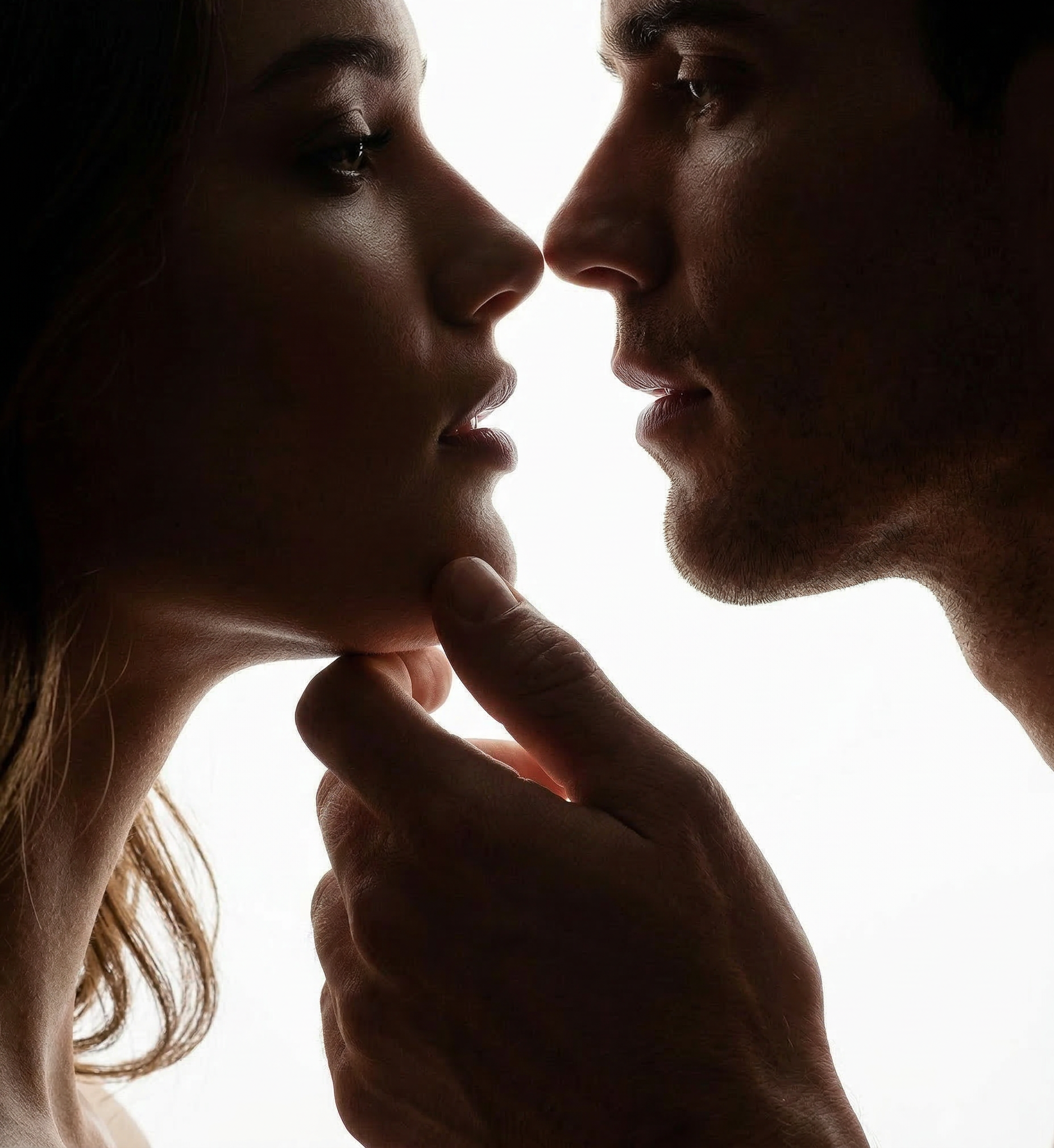 A man caressing a woman's jaw as they are about to kiss.