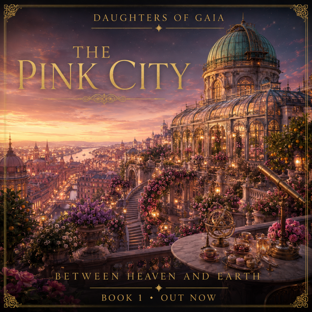 An elegant old world city seen from a balcony in the pink light of sunset.